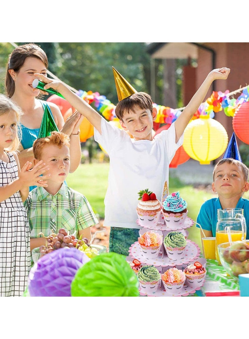 SYOSI حامل كعك دائري ثلاثي الطبقات على شكل يونيكورن من الكرتون - برج صغير لحلويات الكعك - حامل للحلويات في حفلة استقبال المولود أو حفلة الكشف عن الجنس - Image 4