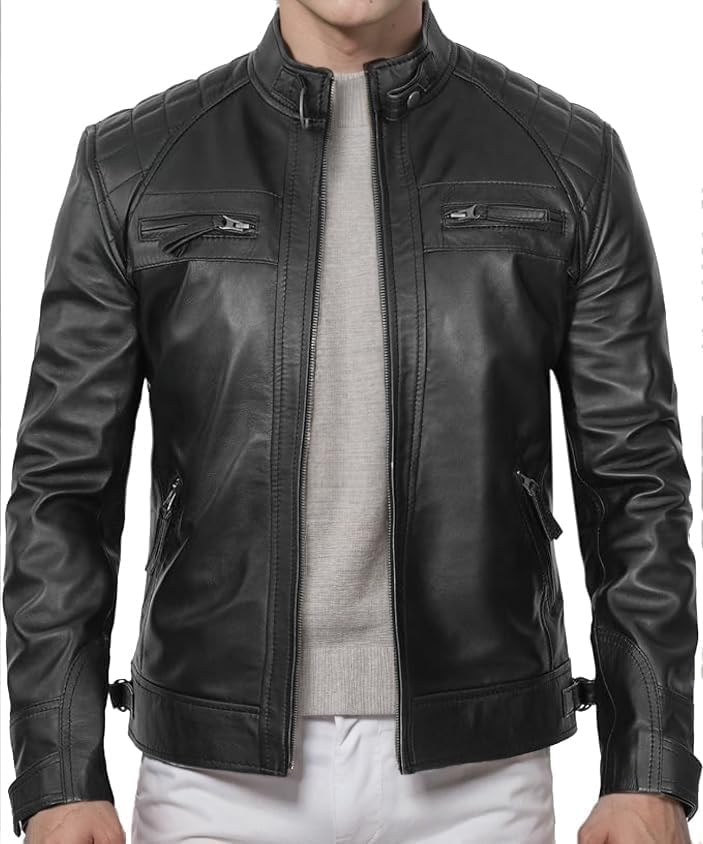 DECIMAL Men's Black Genuine Lambskin Leather Biker Jacket - Vintage Motorcycle Style - Image 2