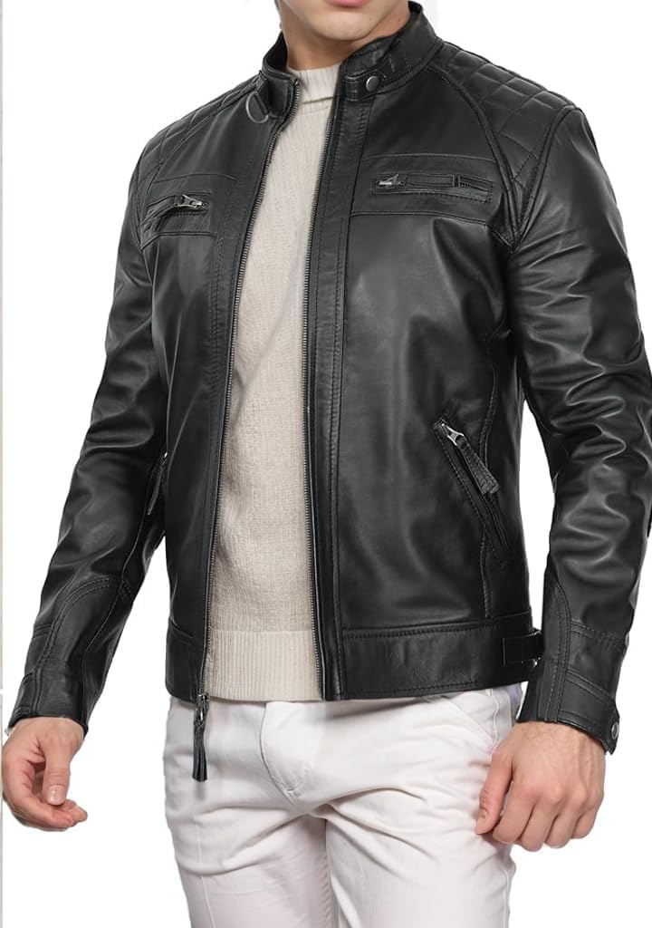 DECIMAL Men's Black Genuine Lambskin Leather Biker Jacket - Vintage Motorcycle Style - Image 5