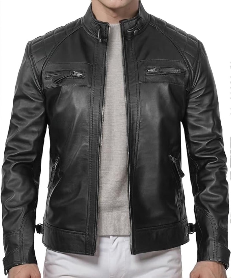 DECIMAL Men's Black Genuine Lambskin Leather Biker Jacket - Vintage Motorcycle Style - Image 1