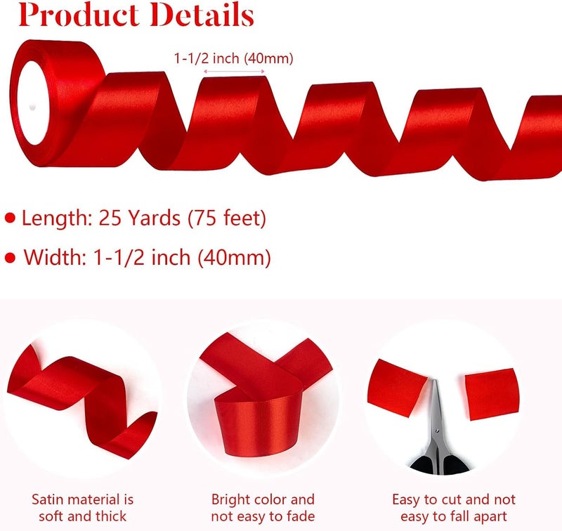 SUTOUG Red Satin Ribbon 1-1/2 Inch x 2 Rolls Red Wide Satin Fabric Ribbon for Gift Packaging, Christmas, Wedding, Flower Bouquet, Holiday Party, Invitation, Total 50 Yards - Image 3
