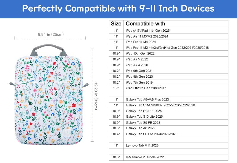 Dadanism 9-11 Inch Tablet Sleeve Bag Carrying Case with Shoulder Strap for iPad (A16) 11", iPad 10th Gen 10.9" Air 5/4, i-Pad Air/Pro 11", i-Pad 9/8/7th 10.2", Galaxy Tab A9+ Plus 11",Blooming Bouquet - Image 2