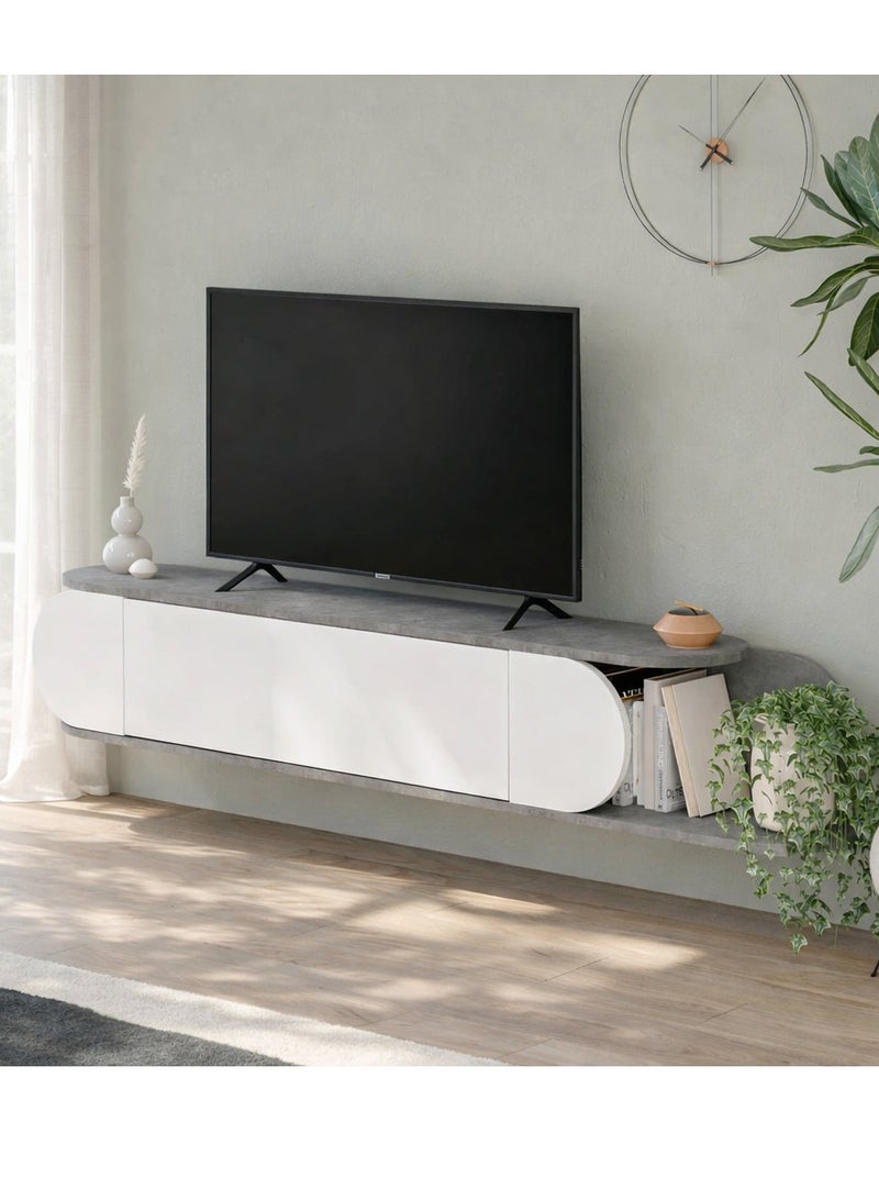 Mourah Home Tone Modern Floating Tv Stand Up To 65'' Inch Tv| 2 Doors Storage| Tv Console With 2 Storag| 180X29.6X30 Cm| Retro Grey White- 2 Years Warranty - Image 1