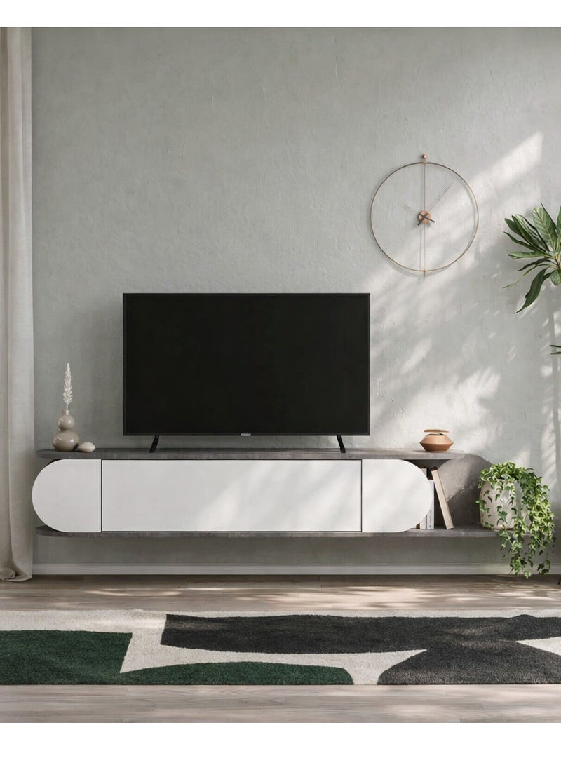 Mourah Home Tone Modern Floating Tv Stand Up To 65'' Inch Tv| 2 Doors Storage| Tv Console With 2 Storag| 180X29.6X30 Cm| Retro Grey White- 2 Years Warranty - Image 2