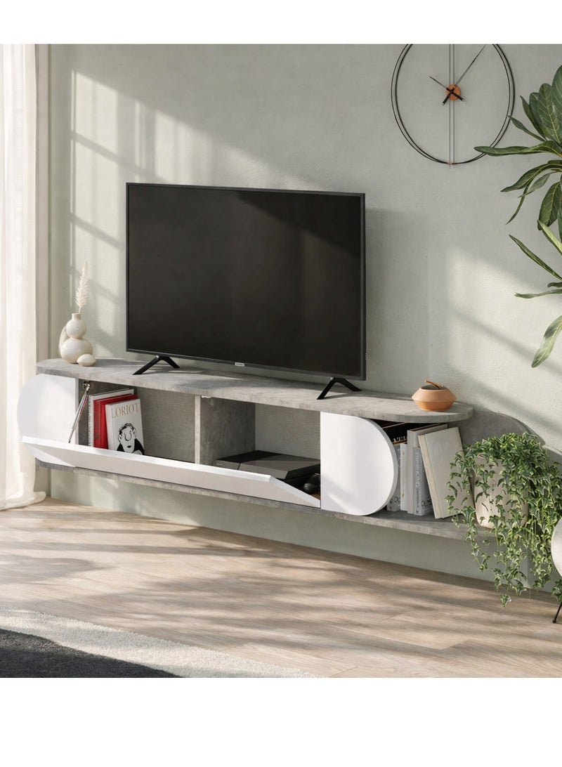 Mourah Home Tone Modern Floating Tv Stand Up To 65'' Inch Tv| 2 Doors Storage| Tv Console With 2 Storag| 180X29.6X30 Cm| Retro Grey White- 2 Years Warranty - Image 3