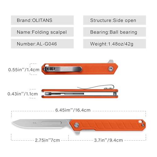 OLITANS G046 Mecha Mini Slim Folding Scalpel with 5pcs #24 and 5pcs #60 G10 Handle with Liner Lock, Utility EDC Pocket Knife with Back Clip（Orange） - Image 3