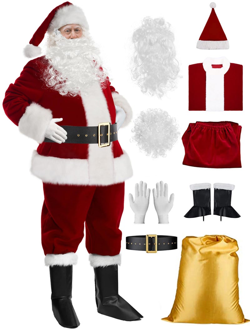 Mannice Santa Claus Costume for Men with Beard 9PCS Christmas Santa Costume Adult Deluxe Santa Suit Professional Santa Outfit