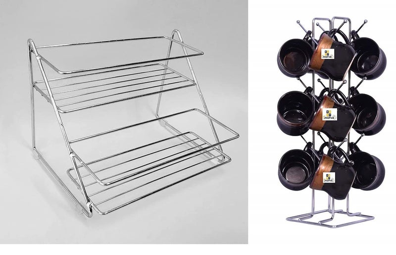 CR18 COLLECTION COMBO 2PCS Stainless Steel Multipurpose Rack Cup Holder StandDish RackStorage Shelves for Kitchen with Heavy Stainless Steel for Kitchens Stand Cup HolderCombo Set RACK AND CUP - Image 1