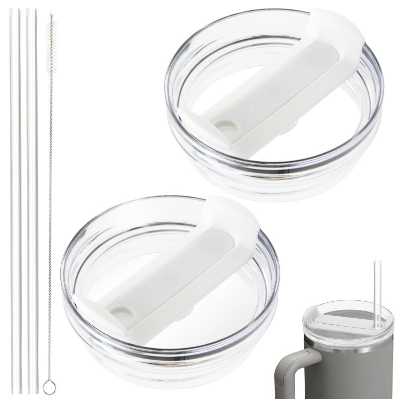 40oz Tumbler Lid Compatible for Stanley 2 Pack Replacement Tumbler Lids Fit for Stanley Quencher 20 Tumbler 40 OZ with Straws and Cleaning Brush Clear White