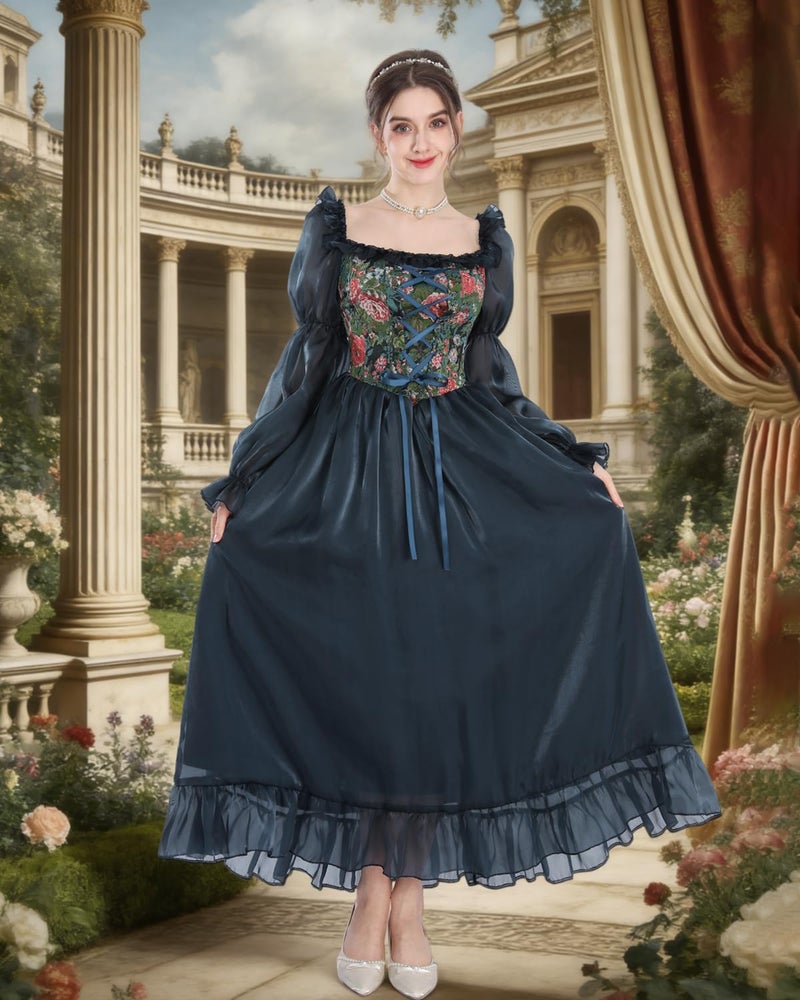 NSPSTT White Renaissance Dress Women Fairy Dress Victorian Medieval Costume, Fairy Dark Blue, M - Image 5