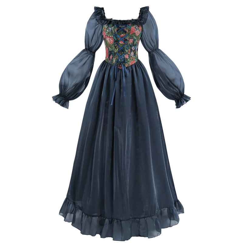 NSPSTT White Renaissance Dress Women Fairy Dress Victorian Medieval Costume, Fairy Dark Blue, M - Image 1