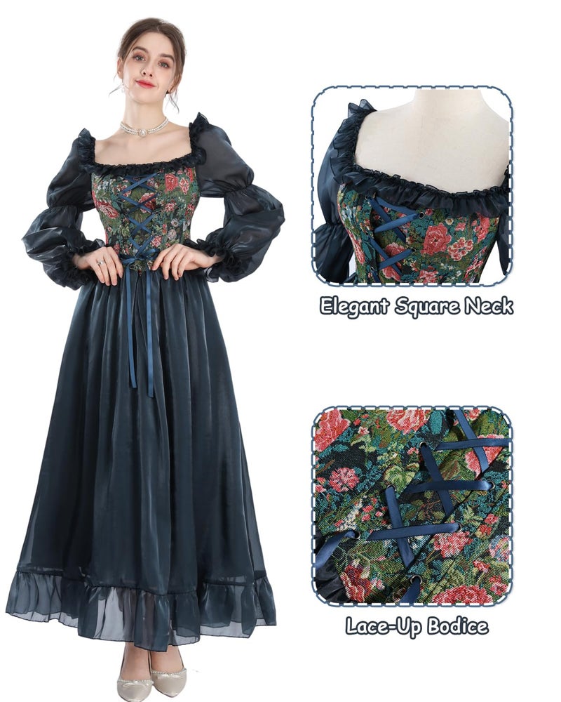 NSPSTT White Renaissance Dress Women Fairy Dress Victorian Medieval Costume, Fairy Dark Blue, M - Image 2
