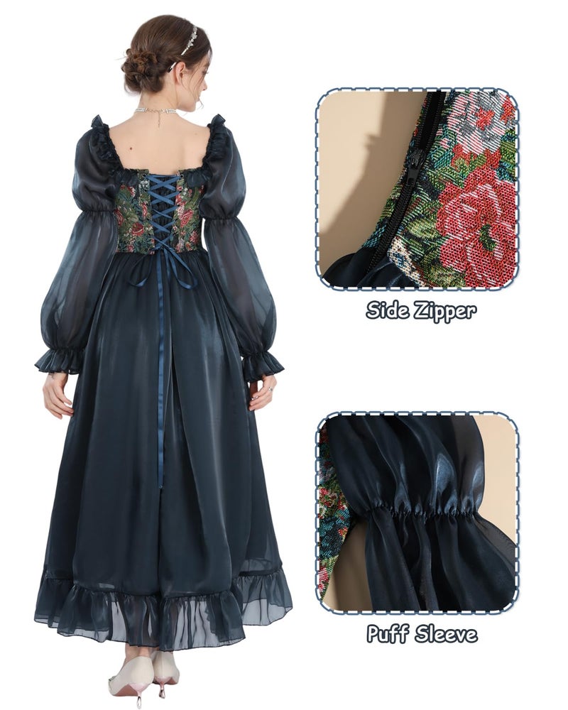 NSPSTT White Renaissance Dress Women Fairy Dress Victorian Medieval Costume, Fairy Dark Blue, M - Image 3