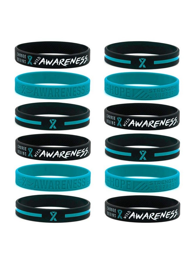 Inkstone (12Pack) Teal Awareness Ribbon Bracelets Variety Pack Wholesale Bulk Pack Of 12 Silicone Rubber Wristbands To Symbolize Hope Courage Strength And Support Unisex For Men Women Teens - Image 1