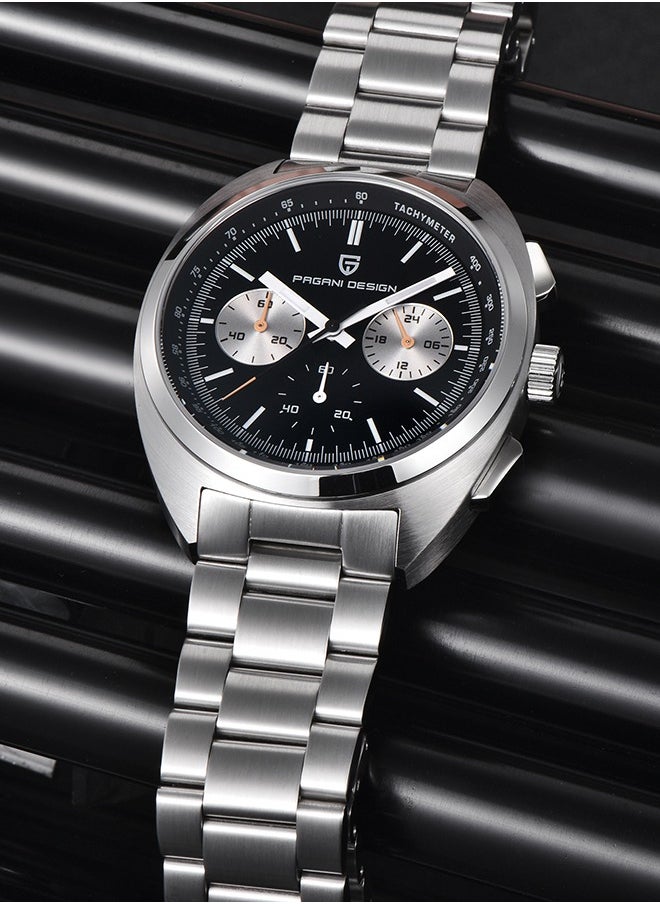PAGANI DESIGN - Men's Watch Casual Analog Men's Watch Chronograph VK63 Movement Sapphire Mirror 100M Water Resistant Stainless Steel Watch-Black Steel - Image 1