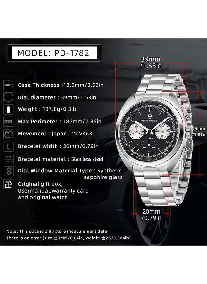 PAGANI DESIGN - Men's Watch Casual Analog Men's Watch Chronograph VK63 Movement Sapphire Mirror 100M Water Resistant Stainless Steel Watch-Black Steel - Image 1