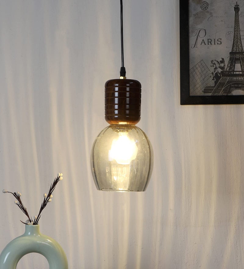 Green House Handmade Sheesham Wood Pendant/Hanging/Ceiling Light With Black Smoke Glass,E27 Bulb Holder(Bulb Not Included),Wooden Canopy With Gold Plated Brass Rivets And Adjustable Cord Of 1M - Image 1