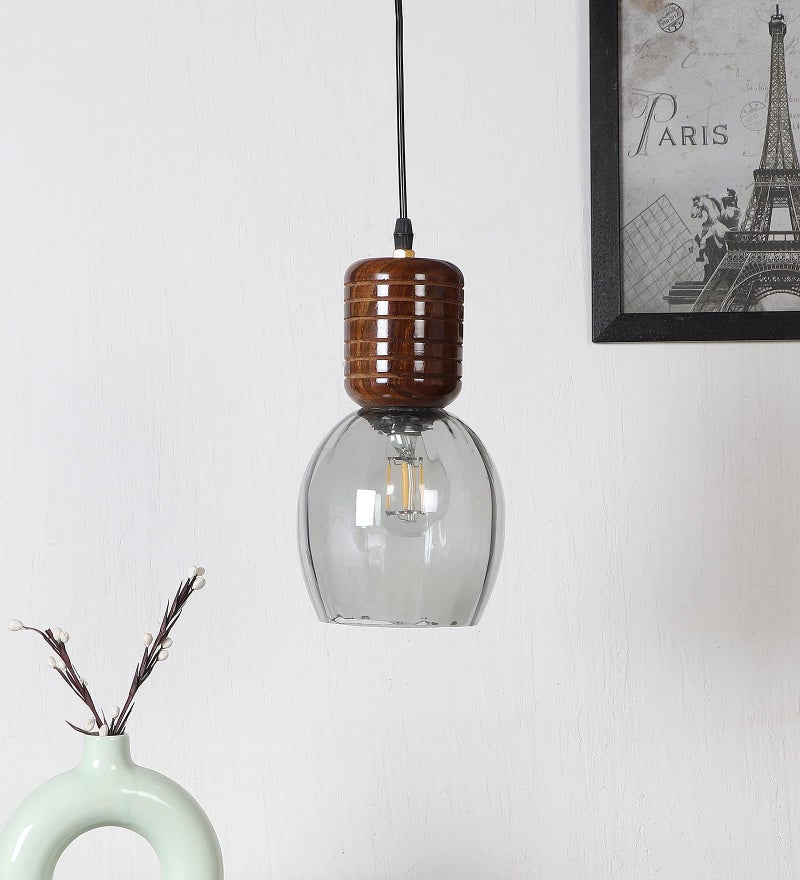 Green House Handmade Sheesham Wood Pendant/Hanging/Ceiling Light With Black Smoke Glass,E27 Bulb Holder(Bulb Not Included),Wooden Canopy With Gold Plated Brass Rivets And Adjustable Cord Of 1M - Image 3