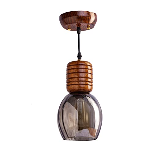 Green House Handmade Sheesham Wood Pendant/Hanging/Ceiling Light With Black Smoke Glass,E27 Bulb Holder(Bulb Not Included),Wooden Canopy With Gold Plated Brass Rivets And Adjustable Cord Of 1M - Image 2