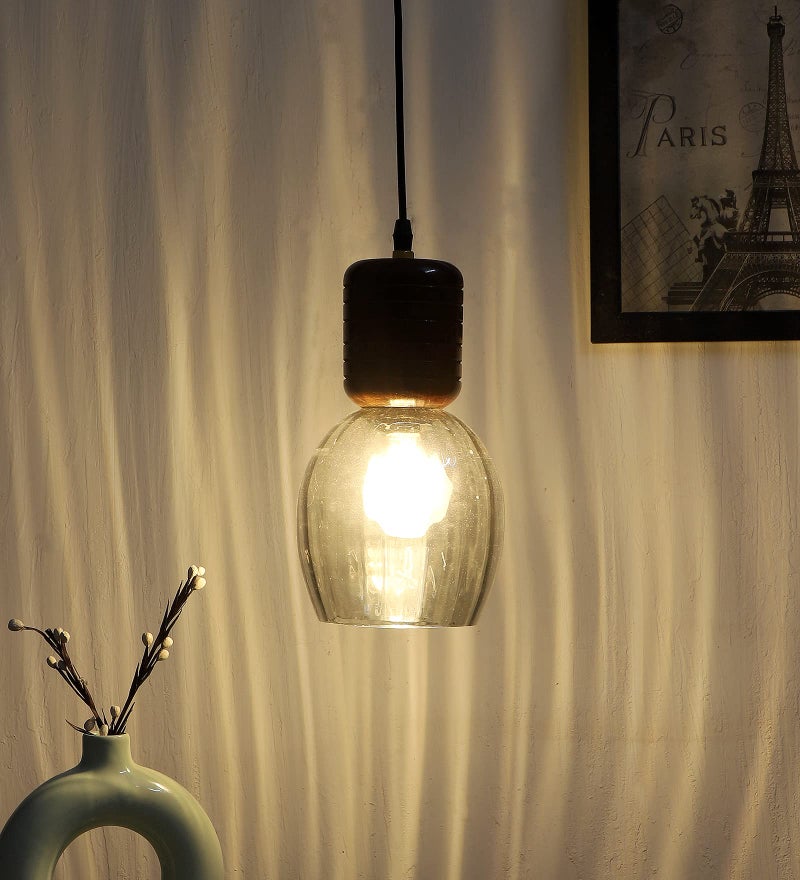 Green House Handmade Sheesham Wood Pendant/Hanging/Ceiling Light With Black Smoke Glass,E27 Bulb Holder(Bulb Not Included),Wooden Canopy With Gold Plated Brass Rivets And Adjustable Cord Of 1M - Image 5
