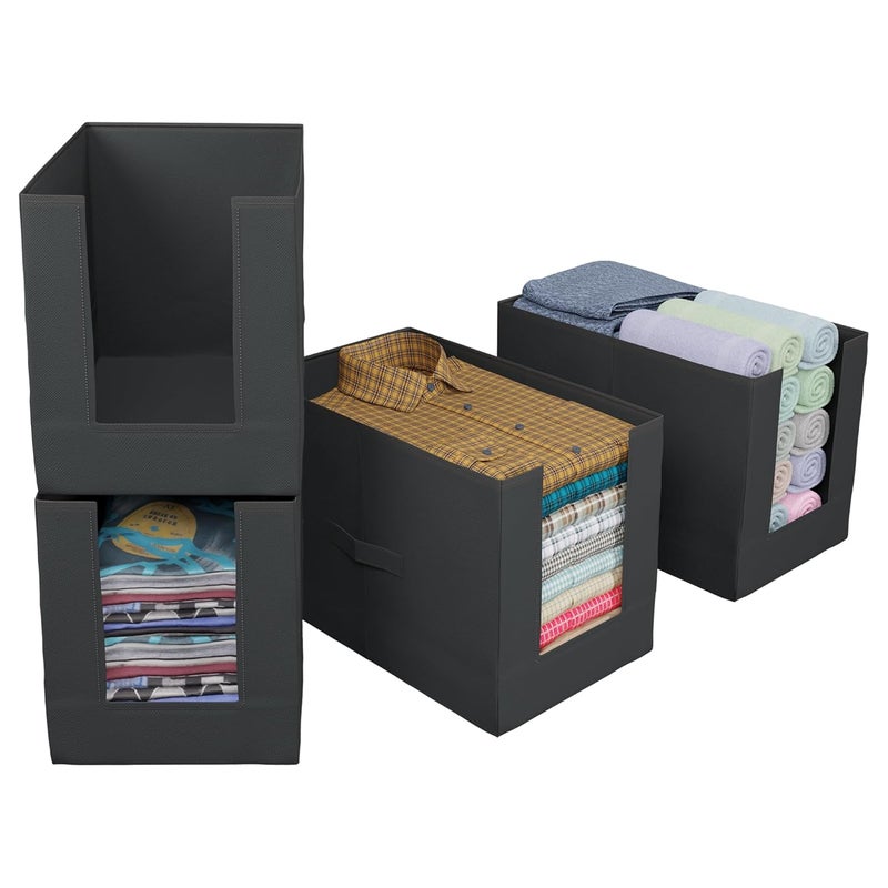 Kuber Industries Kuber Industries NonWoven Shirt StackerClothes OrganizerSolid Color Foldable Non Woven MaterialCloset Wardrobe OrganizerSize 40 x 20 x 25 Cm Pack of 4 Black  - Image 1