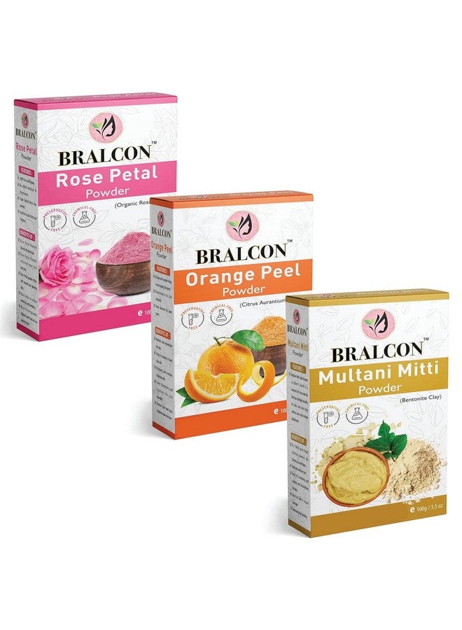 BRALCON Organic Rose, Orange, Multani Mitti Powder Combo-300g(100g x 3 Pack) |Rose Petal Powder, Orange Peel Powder, Multani Mitti Powder for Face Pack, Skin Whitening|Glowing Skin & Hair Growth - Image 1