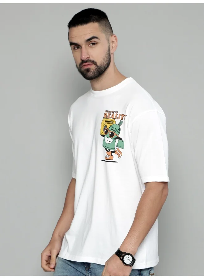 Maniac Reality Printed Mens Round Neck 3/4th Sleeve White & Green Cotton Oversized T-Shirt
