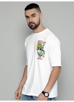 Maniac Reality Printed Mens Round Neck 3/4th Sleeve White & Green Cotton Oversized T-Shirt  - Image 4