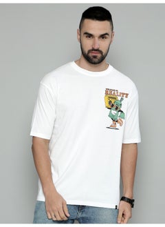 Maniac Reality Printed Mens Round Neck 3/4th Sleeve White & Green Cotton Oversized T-Shirt  - Image 2