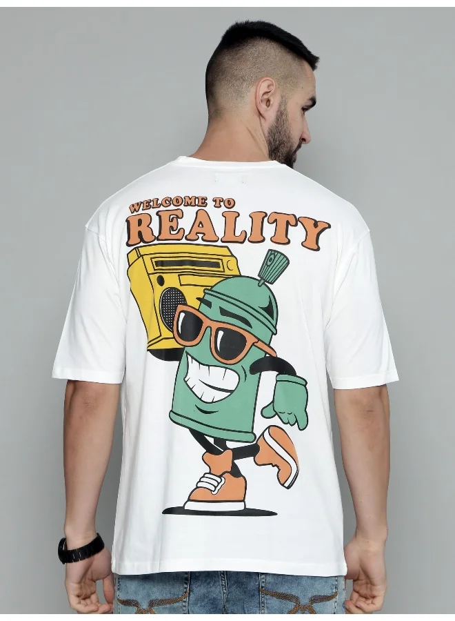 Maniac Reality Printed Mens Round Neck 3/4th Sleeve White & Green Cotton Oversized T-Shirt