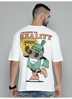 Maniac Reality Printed Mens Round Neck 3/4th Sleeve White & Green Cotton Oversized T-Shirt  - Image 3
