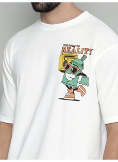 Maniac Reality Printed Mens Round Neck 3/4th Sleeve White & Green Cotton Oversized T-Shirt  - Image 5