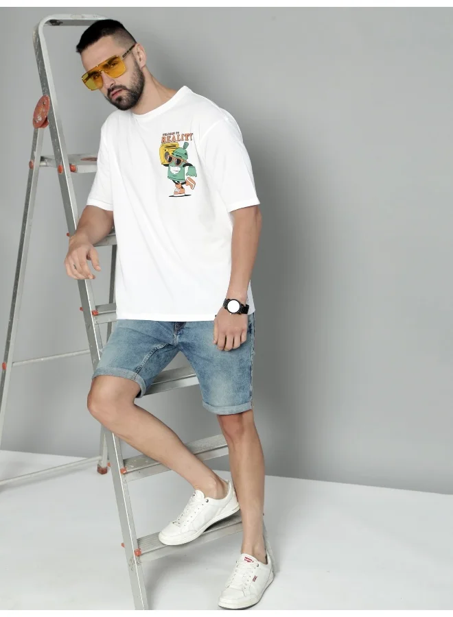 Maniac Reality Printed Mens Round Neck 3/4th Sleeve White & Green Cotton Oversized T-Shirt