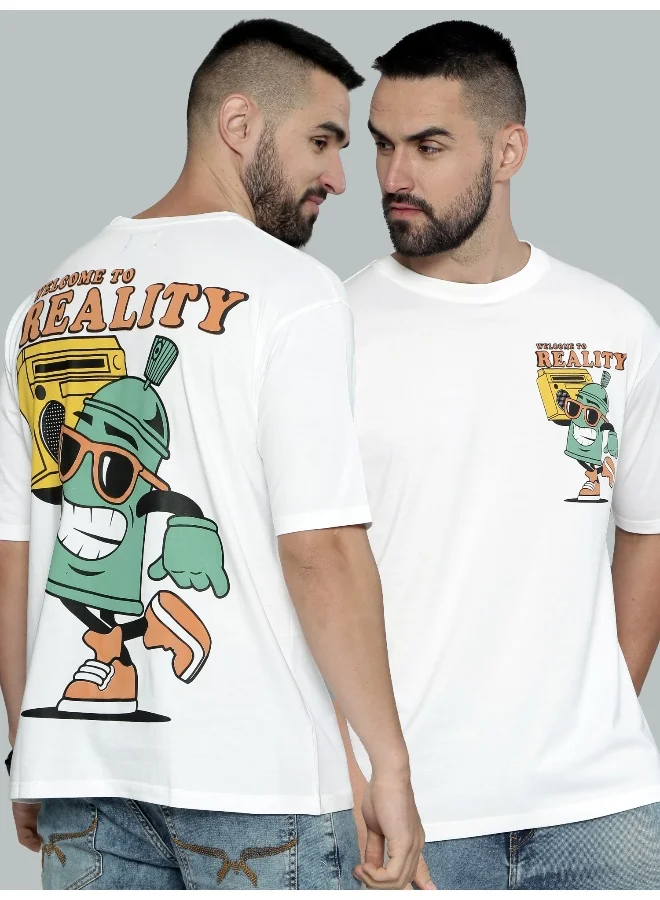 Maniac Reality Printed Mens Round Neck 3/4th Sleeve White & Green Cotton Oversized T-Shirt