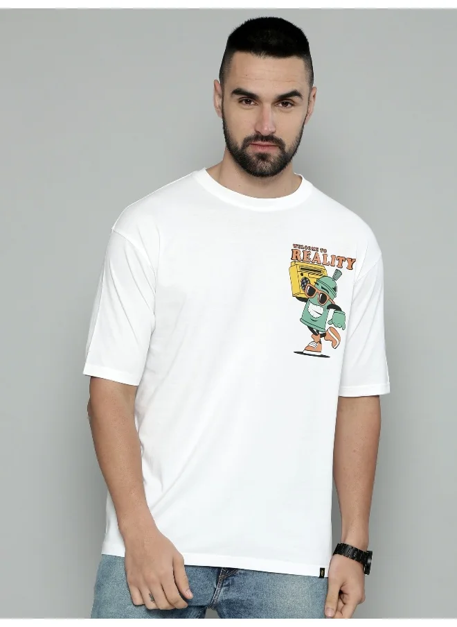 مانياك Reality Printed Mens Round Neck 3/4th Sleeve White & Green Cotton Oversized T-Shirt