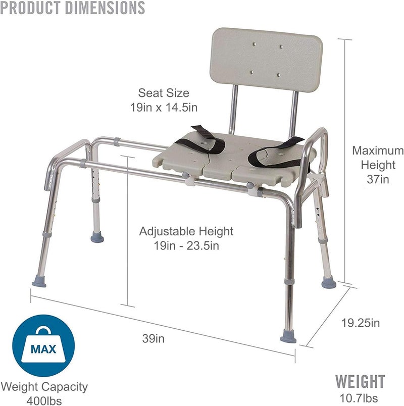 DMI Tub Transfer Bench and Shower Chair with Non Slip Aluminum Body FSA Eligible Adjustable Seat Height and Cut Out Access Holds Weight up to 400 Lbs Bath and Shower Safety Transfer Bench - Image 3
