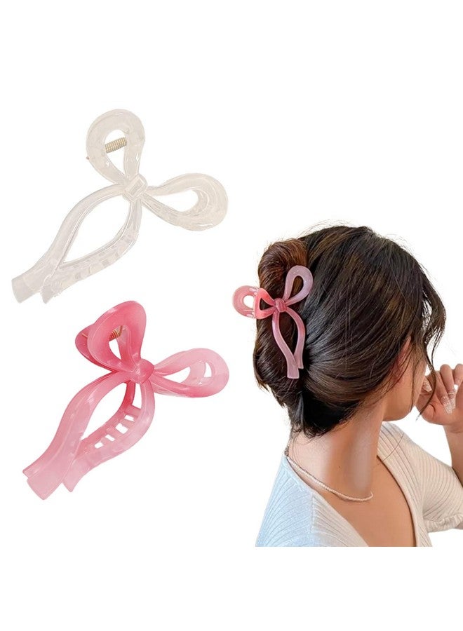 Ayesha Bows Claw Clips - 2 Colors Ribbon Coquette Clips for Thick Hair and Girls, Including Pink - Image 1