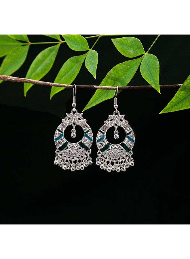 Tourism Imitation Miao Silver Alloy Earrings Retro Ethnic Style Geometric Water Drop Round Bell Tassel Hollow Earrings 