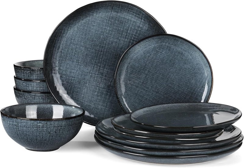 Famiware Famiware Moonlight Plates and Bowls Sets 12 Pieces Stoneware Dinnerware Sets with Linen Finish Handmade Dishware Set for 4 Microwave and Dishwasher Safe Chip and Scratch Resistant Dark Blue  - Image 1