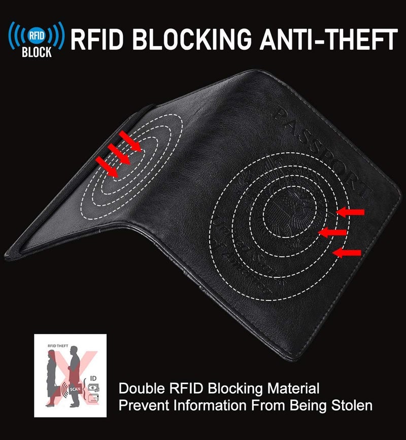 HerriaT حافظة جواز سفر جلدية مع حماية RFID لمحفظة السفر وحافظة بطاقات للنساء والرجال (أسود) - Image 4