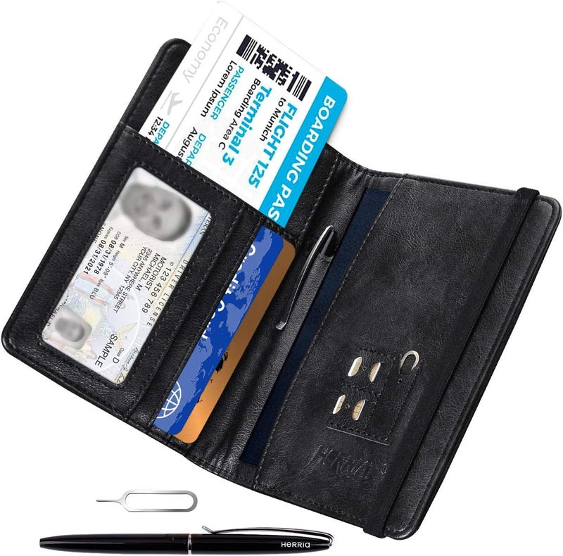 HerriaT حافظة جواز سفر جلدية مع حماية RFID لمحفظة السفر وحافظة بطاقات للنساء والرجال (أسود) - Image 2