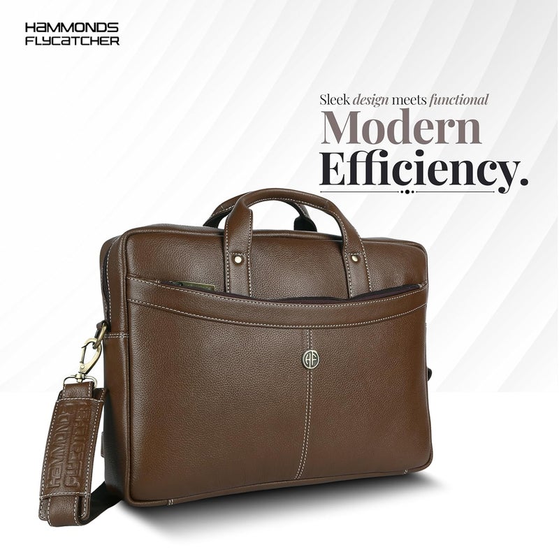 HAMMONDS FLYCATCHER Genuine Leather Office Bag for Men, 15.6 Inch Professional Brushwood Color Laptop Bag for Men, Adjustable Strap & Multi Compartments, 1 Year Warranty - Office, Travel, Daily Use - Image 2