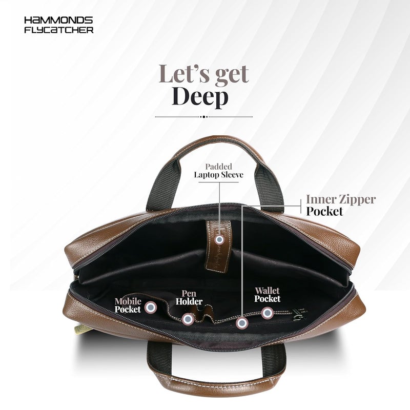 HAMMONDS FLYCATCHER Genuine Leather Office Bag for Men, 15.6 Inch Professional Brushwood Color Laptop Bag for Men, Adjustable Strap & Multi Compartments, 1 Year Warranty - Office, Travel, Daily Use - Image 4