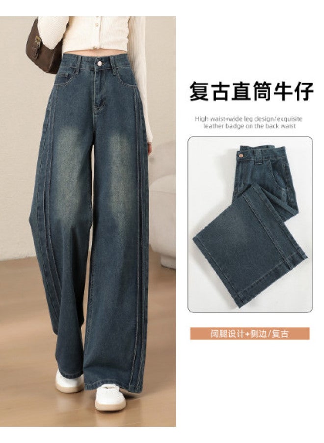 Baleno Autumn And Winter Popular Retro Straight Leg Denim Pants For Women, High-Waisted Slimming Fashion Casual Wide-Leg Trousers For Petite Women - Image 1