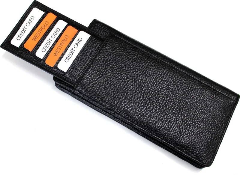 Derise Club West Polo Black Color Men's Genuine Shiny Leather Card Holder Wallet with Phone Compartment