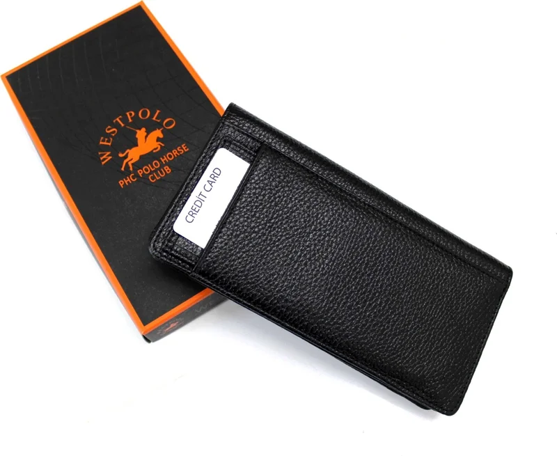 Derise Club West Polo Black Color Men's Genuine Shiny Leather Card Holder Wallet with Phone Compartment