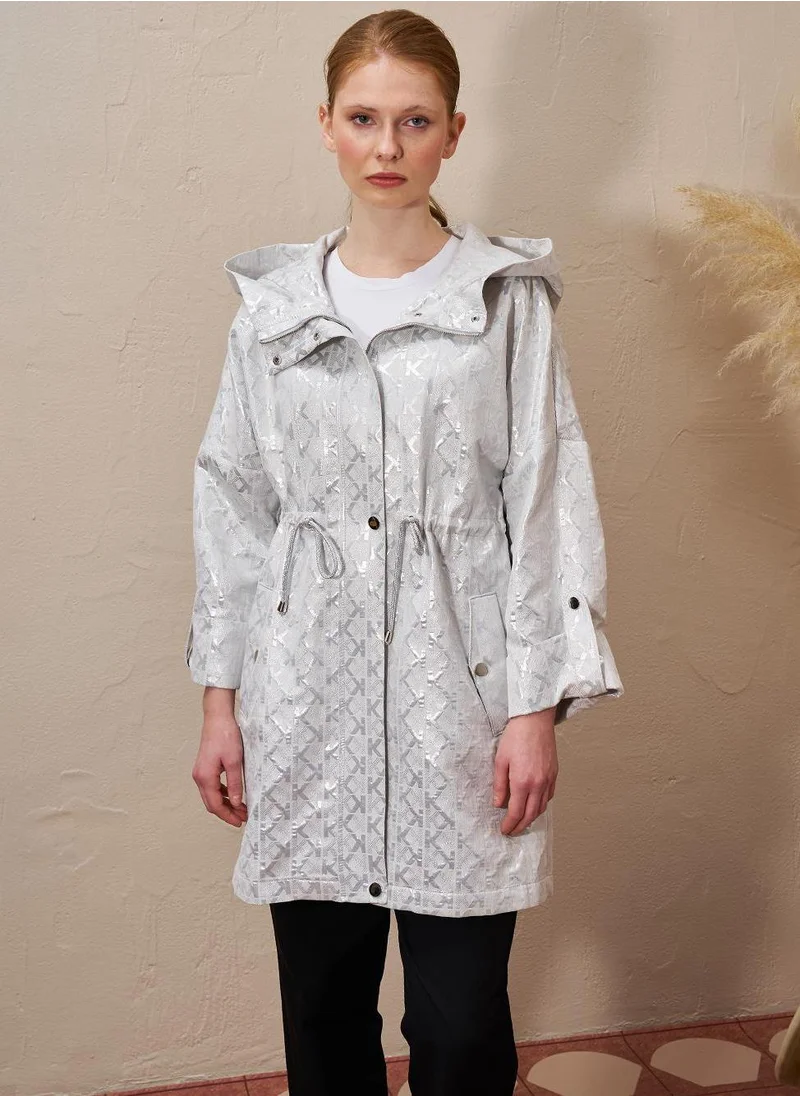 Kayra Drawstring Waist Monogram Pattern Trench Coat Gray