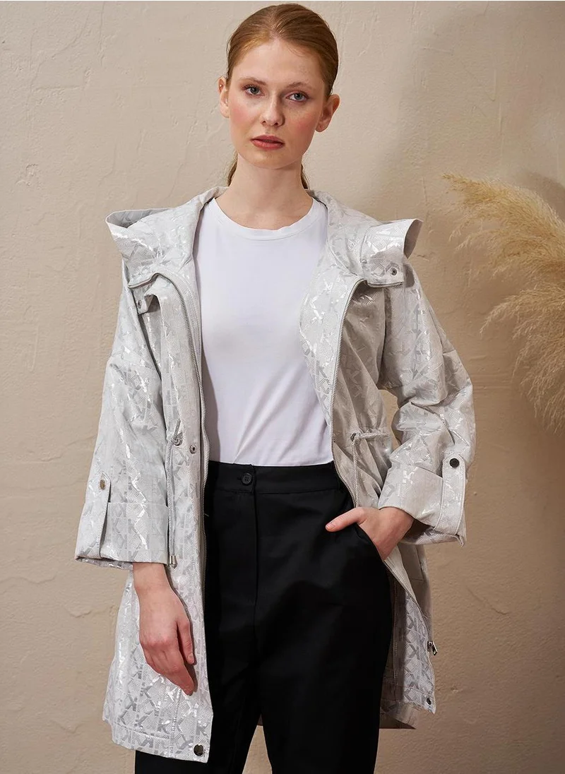 Kayra Drawstring Waist Monogram Pattern Trench Coat Gray