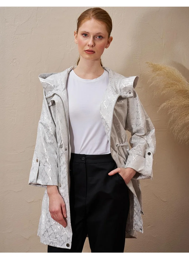 Kayra Drawstring Waist Monogram Pattern Trench Coat Gray