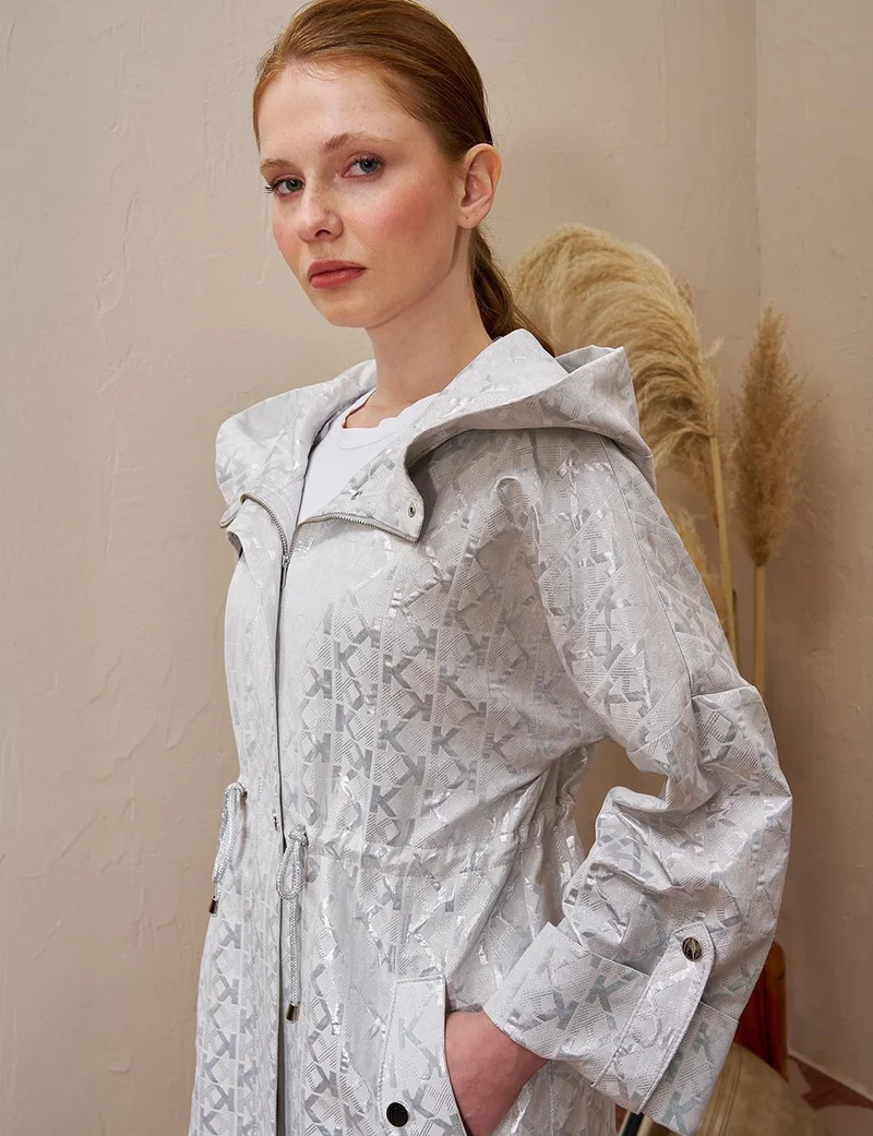 Kayra Drawstring Waist Monogram Pattern Trench Coat Gray
